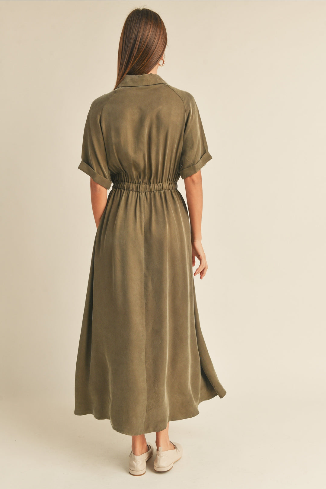 Short Sleeve Viscose with Front Pocket Long Sleeve Dress - Olive
