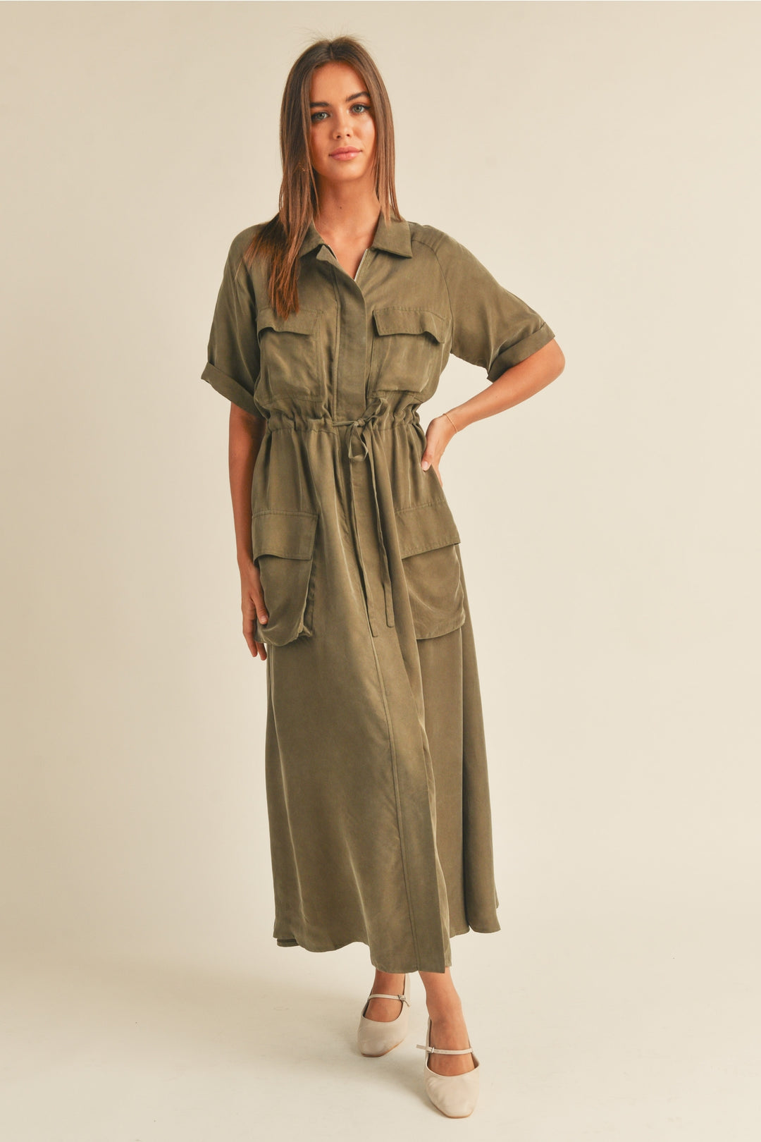 Short Sleeve Viscose with Front Pocket Long Sleeve Dress - Olive
