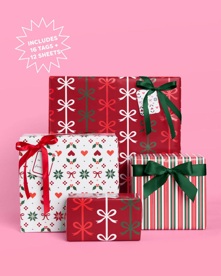 Christmas Wrapping Paper Set – 12 Sheets + 16 Tags - Clementine Home Floral Gift