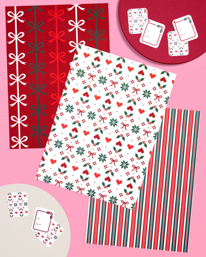 Christmas Wrapping Paper Set – 12 Sheets + 16 Tags - Clementine Home Floral Gift