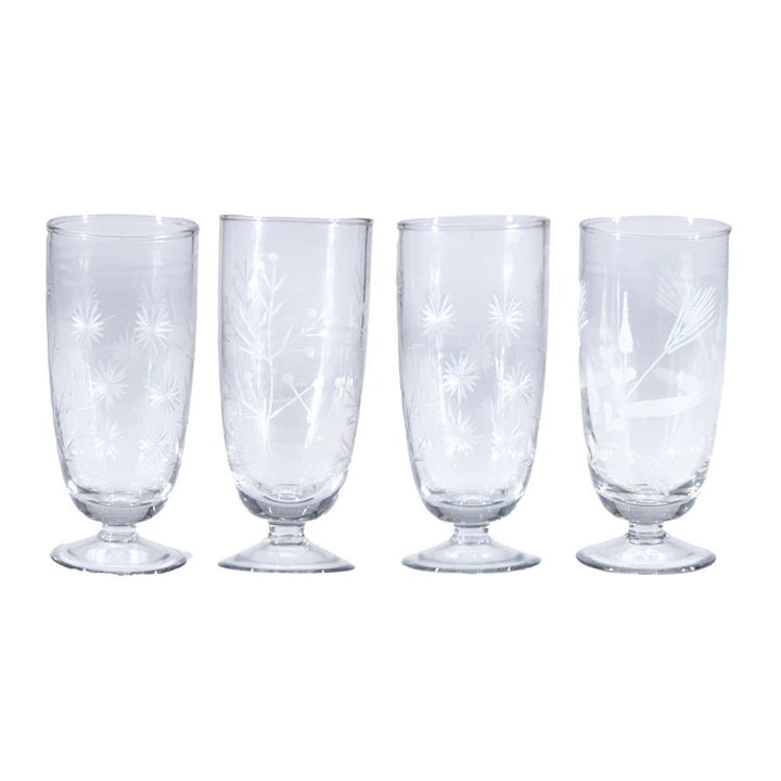 Hand - Blown Stemmed Drinking Glasses with Etched Botanicals – Set of 2 - Clementine Home Floral Gift