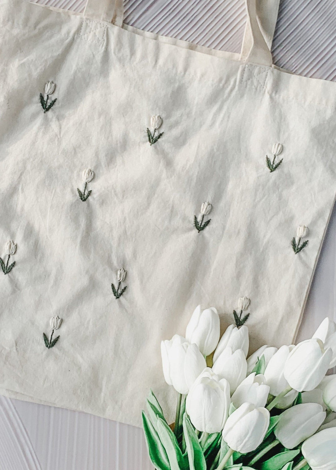 Hand Embroidered Tote Bag - White Tulips - Clementine Home Floral Gift