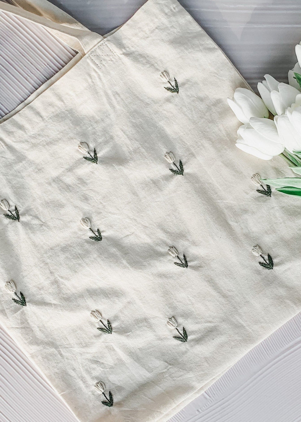 Hand Embroidered Tote Bag - White Tulips - Clementine Home Floral Gift