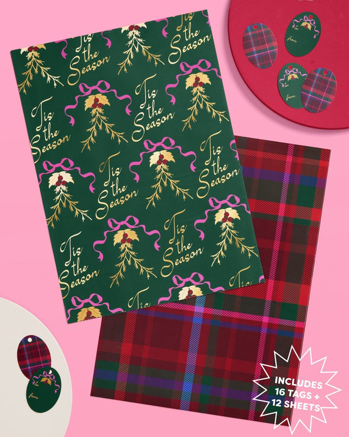 ’Tis the Season Wrapping Paper Set – 12 Sheets + 16 Tags - Clementine Home Floral Gift