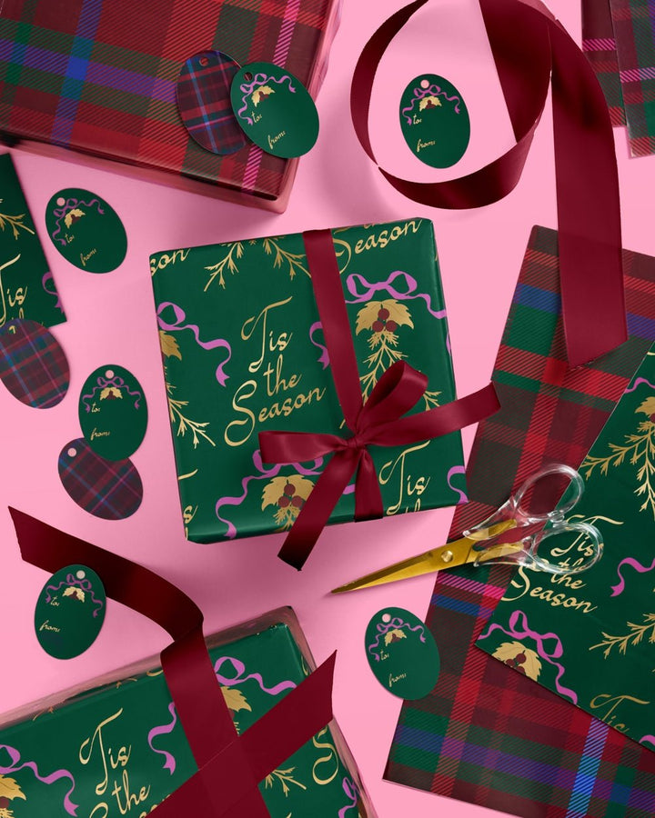 ’Tis the Season Wrapping Paper Set – 12 Sheets + 16 Tags - Clementine Home Floral Gift