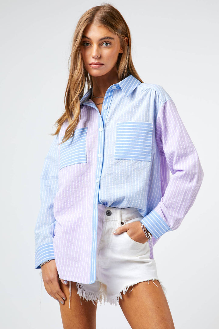 Striped Color Block Shirt Top - Blue