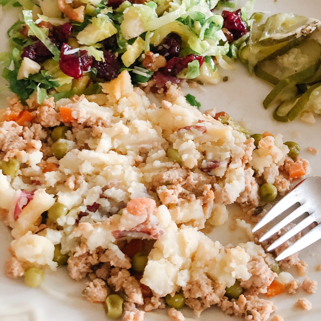 Turkey Shepards Pie, Parmesan Tomato Squash Bake, Brussel Sprout & Cranberry Salad - Clementine Home Floral Gift