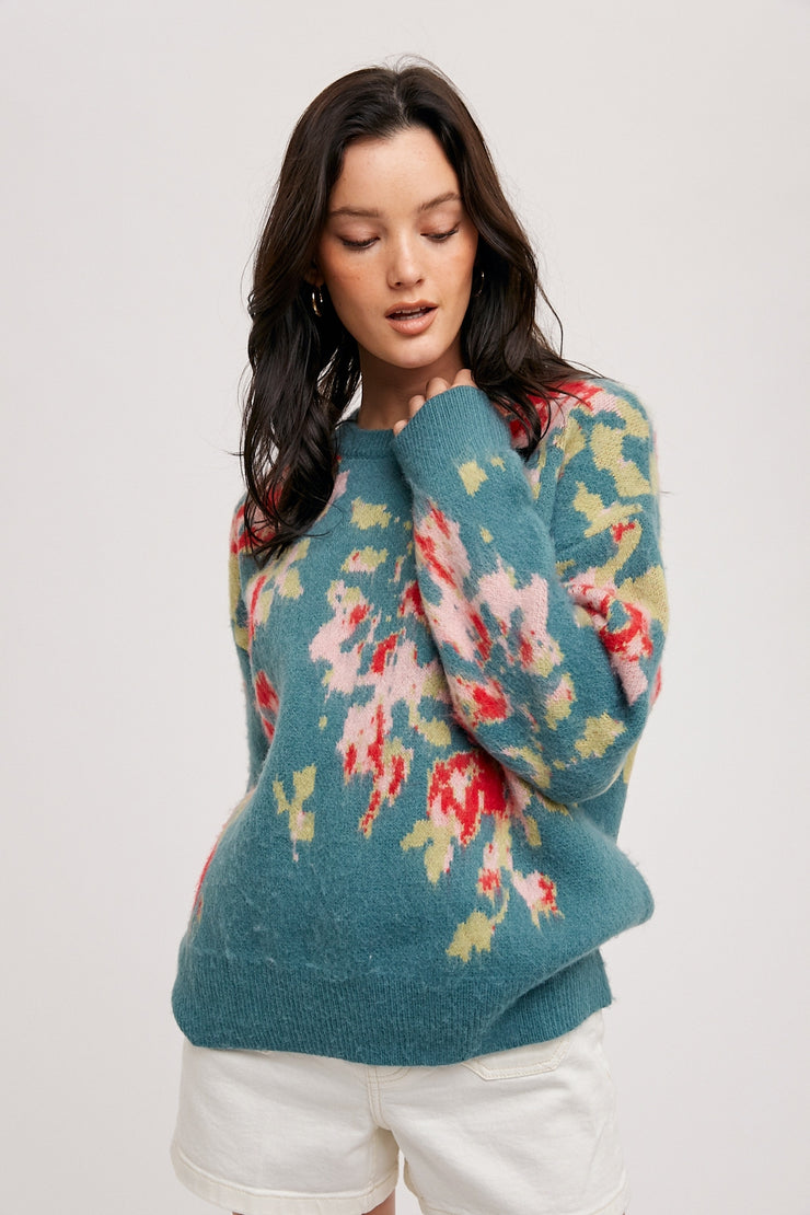 Floral Print Sweater Pullover - Teal