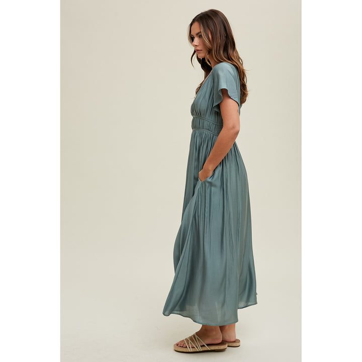 Satin Flutter Sleeve Midi Dress - Teal Green