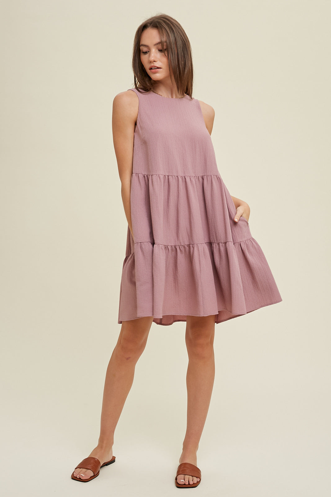 Crinkle Tiered Mini Dress - Dark Mauve