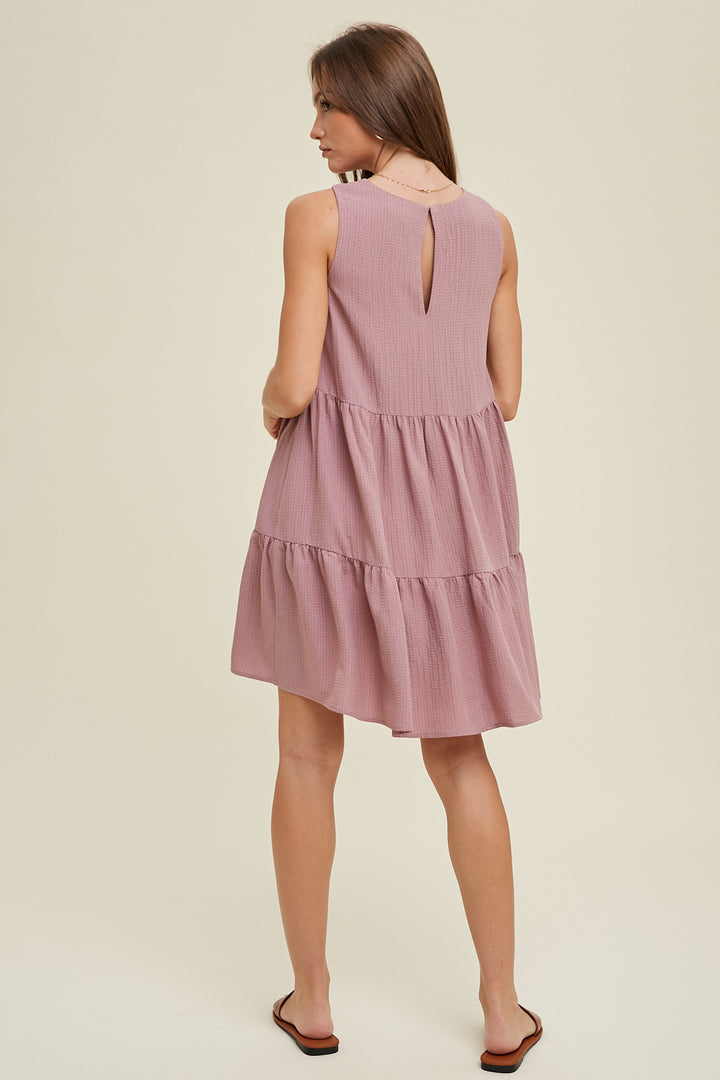 Crinkle Tiered Mini Dress - Dark Mauve