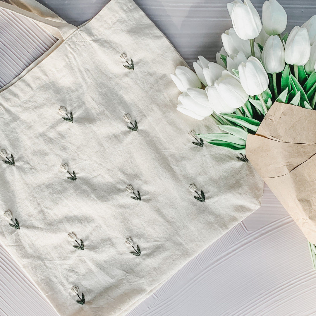 ADD-ON : Hand Embroidered Tote Bag - White Tulips