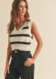 Striped Pattern Knitted Vest - Cream/Black