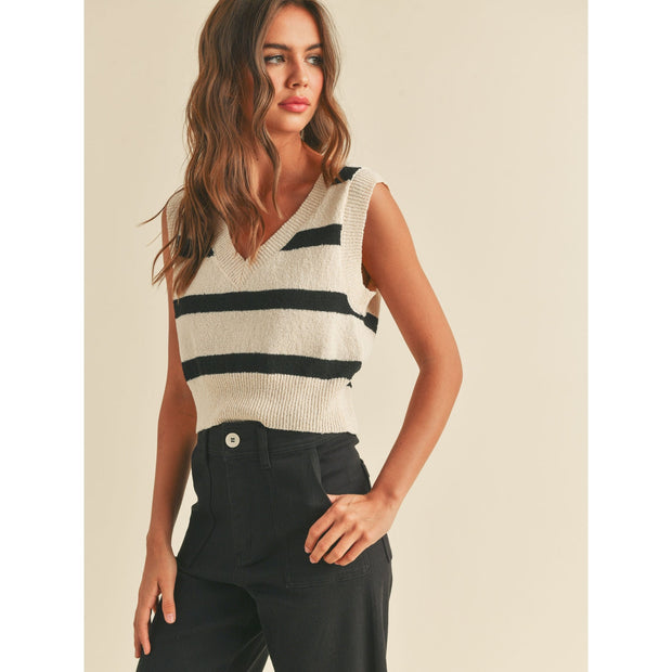 Striped Pattern Knitted Vest - Cream/Black