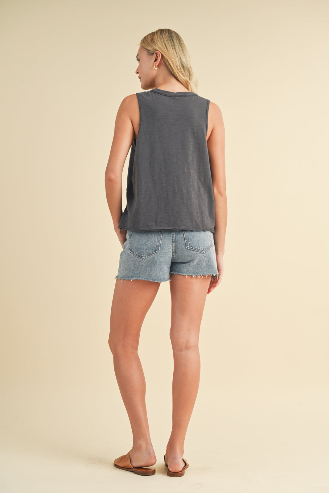 Cotton Button-Up Tank Top with Raw Edge Detail - Charcoal