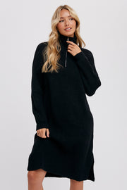 Quarter Zip Sweater Dress - Black