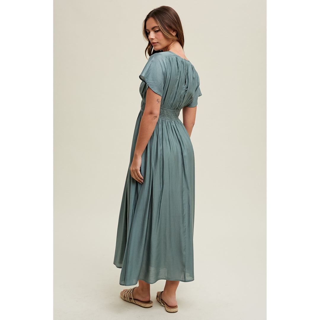 Satin Flutter Sleeve Midi Dress - Teal Green