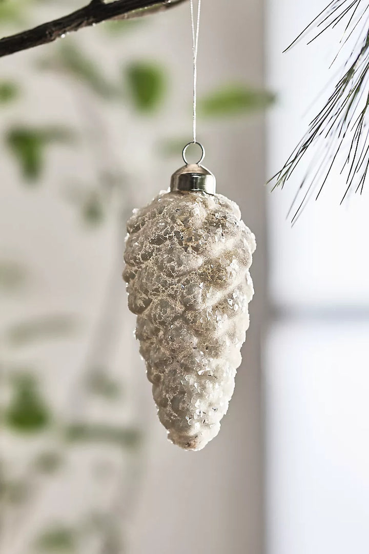 Pinecone Glass Ornament - White