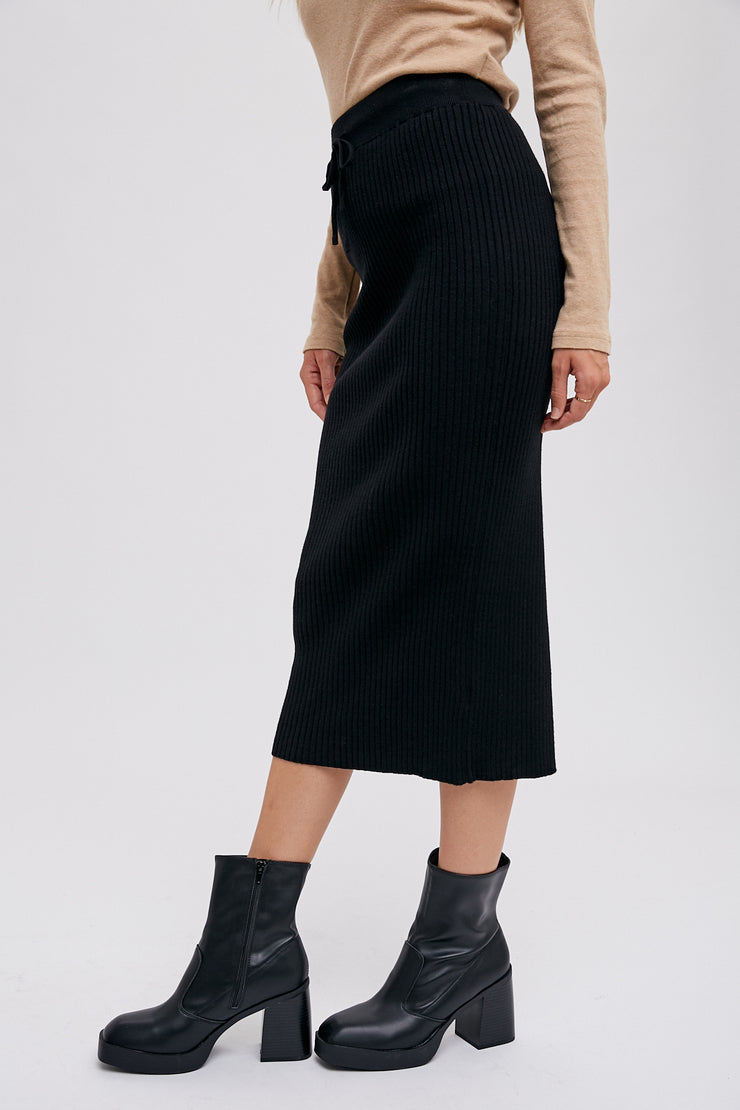 Ribbed Knit Midi Skirt - Black