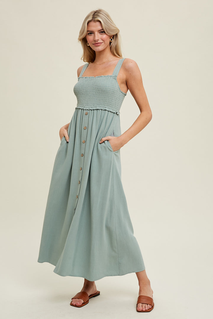 Smocked Linen Midi Dress - Dark Sage