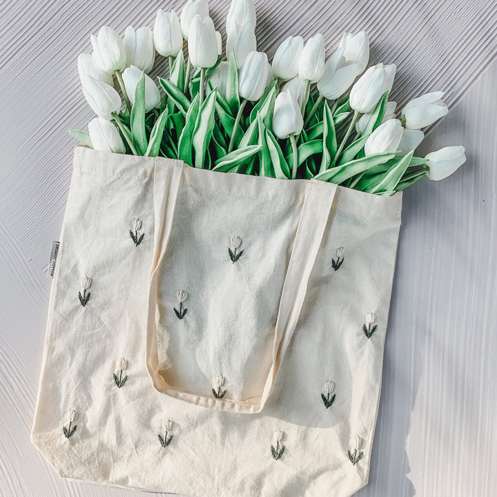 Hand Embroidered Tote Bag - White Tulips