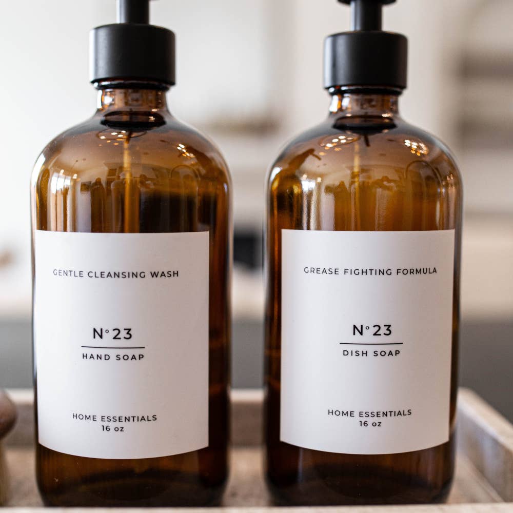 Amber Glass Soap Bottle with Label - Clementine Home Floral Gift