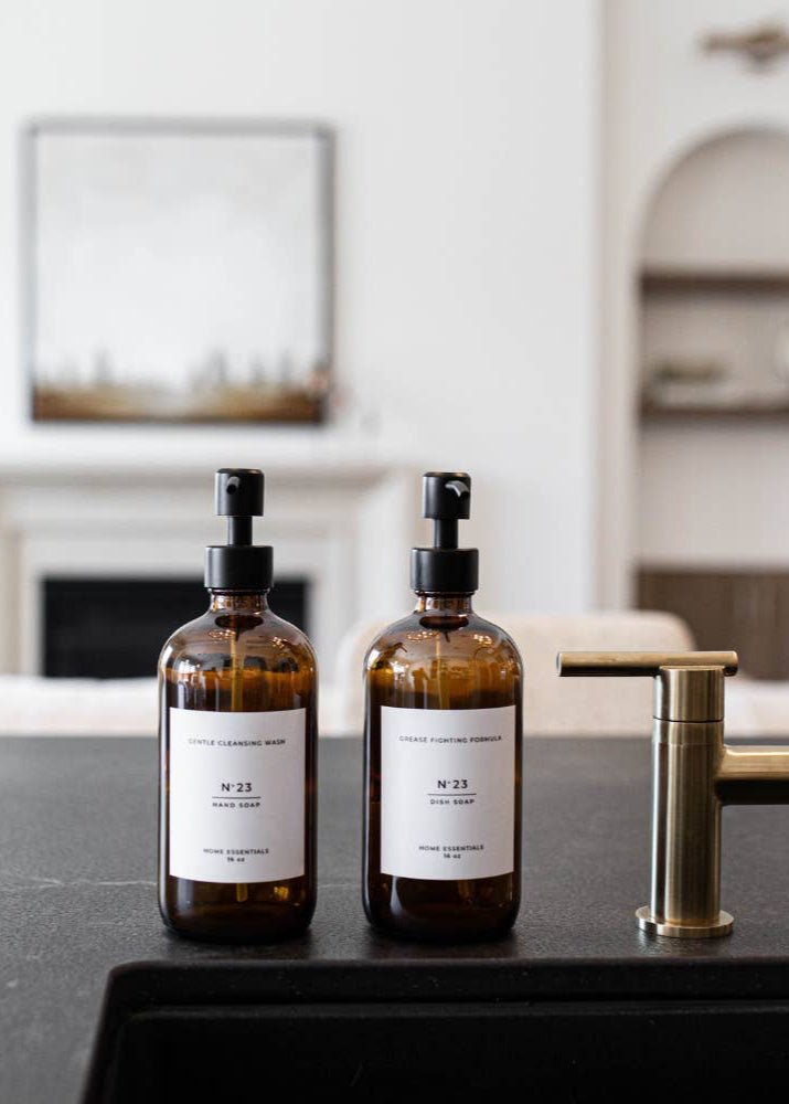 Amber Glass Soap Bottle with Label - Clementine Home Floral Gift