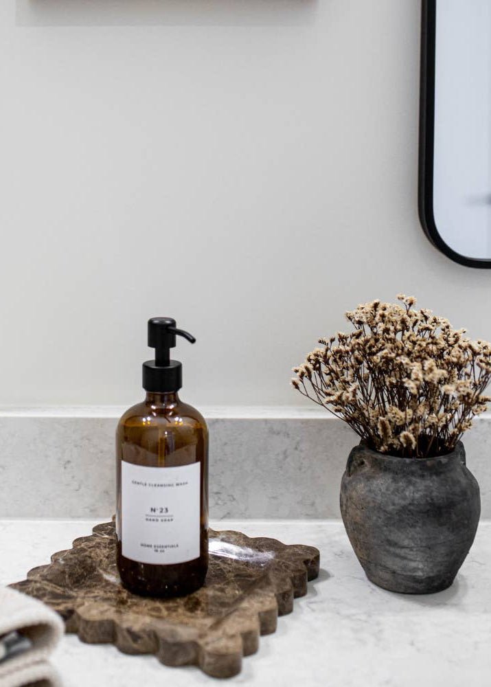 Amber Glass Soap Bottle with Label - Clementine Home Floral Gift