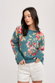 Floral Print Sweater Pullover - Teal
