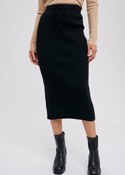 Ribbed Knit Midi Skirt - Black