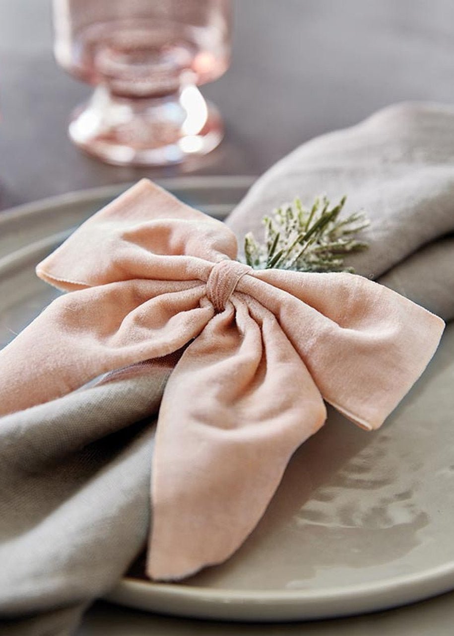 Blush Pink Bow Velvet Napkin Ties, Set of 4 - Clementine Home Floral Gift