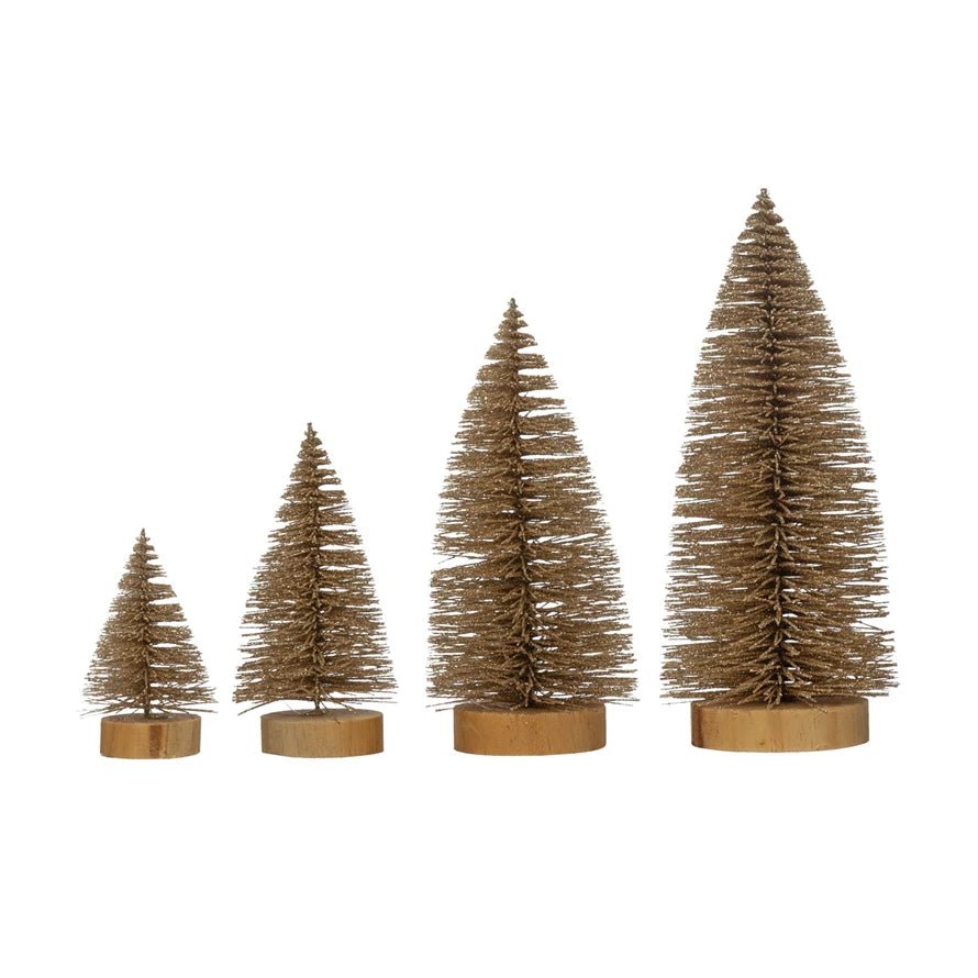 Bottle Brush Trees with Glitter & Wood Bases – Champagne, Set of 4 - Clementine Home Floral Gift