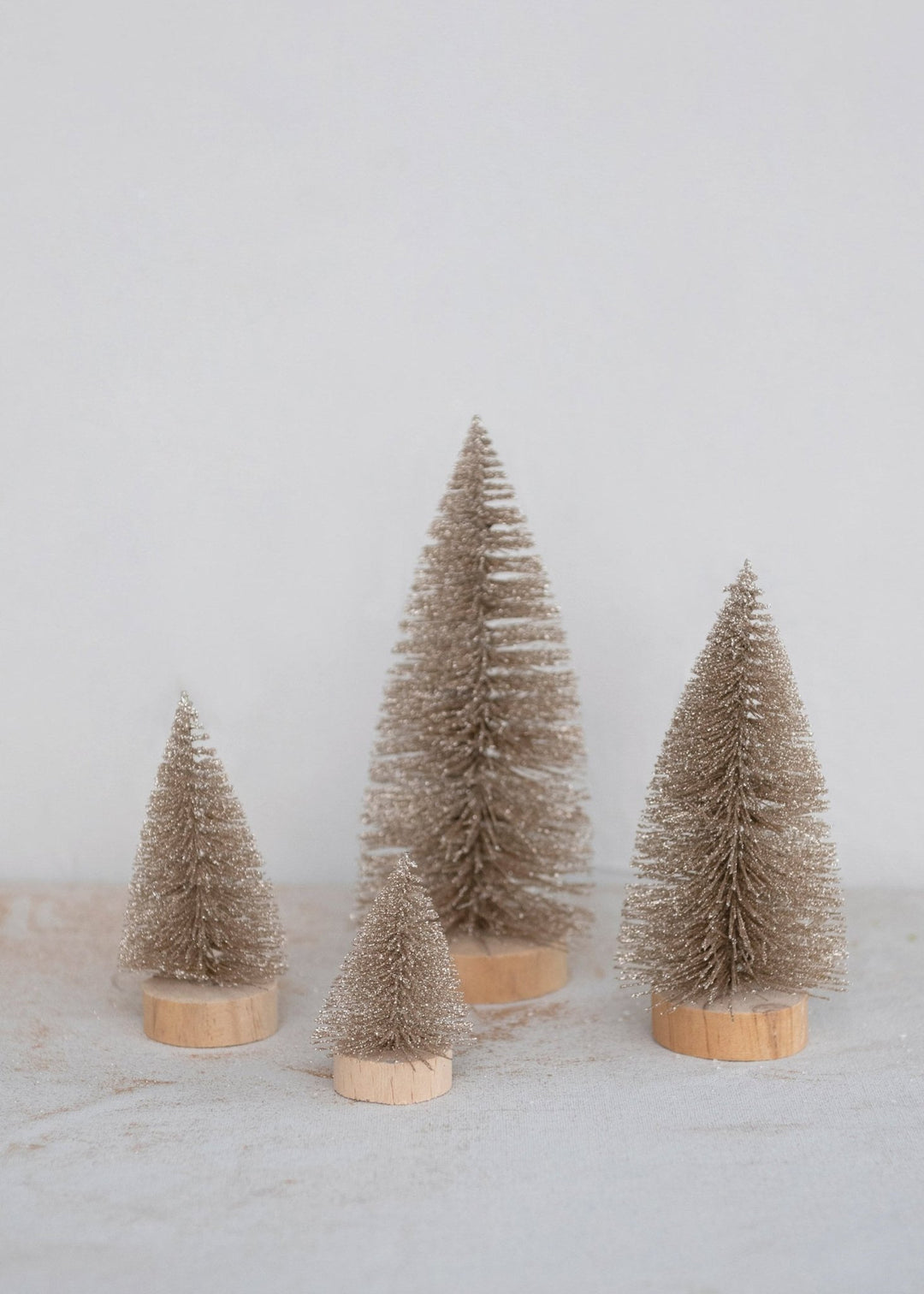 Bottle Brush Trees with Glitter & Wood Bases – Champagne, Set of 4 - Clementine Home Floral Gift