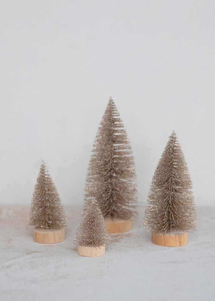 Bottle Brush Trees with Glitter & Wood Bases – Champagne, Set of 4 - Clementine Home Floral Gift