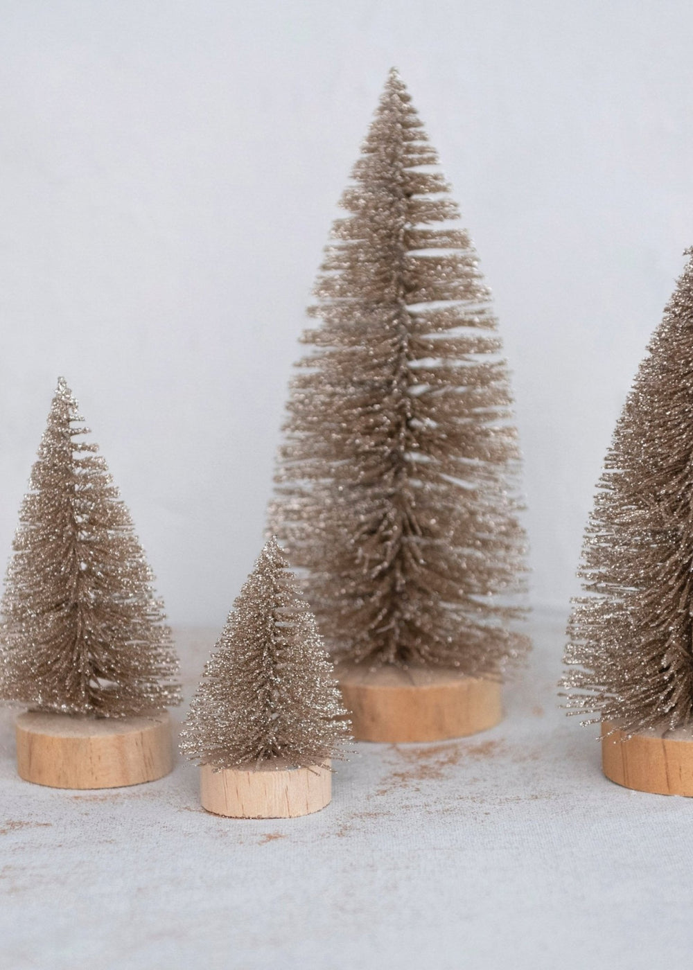 Bottle Brush Trees with Glitter & Wood Bases – Champagne, Set of 4 - Clementine Home Floral Gift