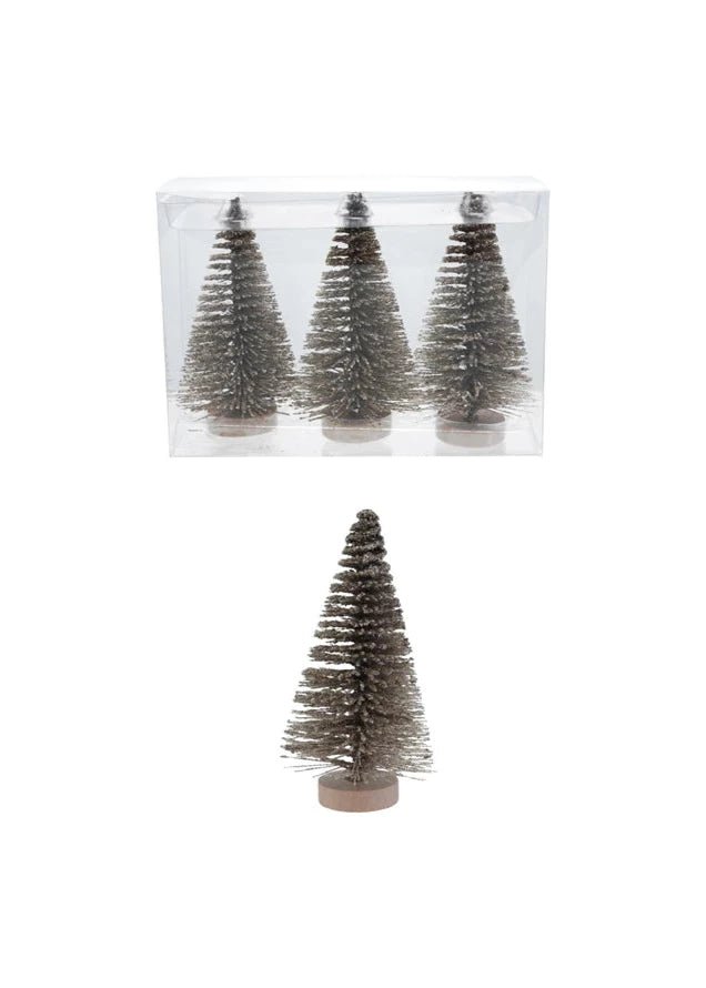 Bottle Brush Trees with Glitter & Wood Bases – Set of 3, Antique Silver Finish - Clementine Home Floral Gift