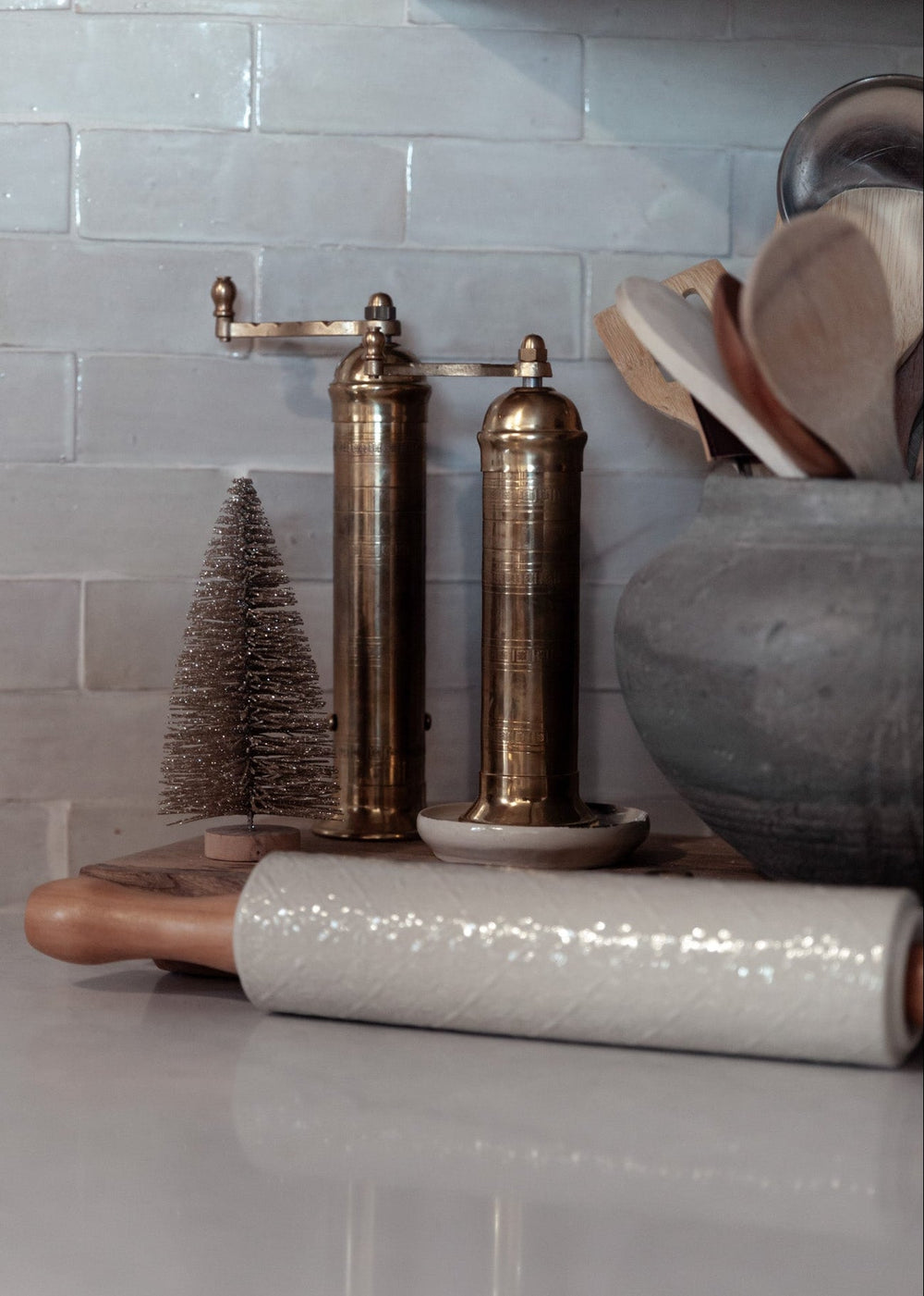 Bottle Brush Trees with Glitter & Wood Bases – Set of 3, Antique Silver Finish - Clementine Home Floral Gift