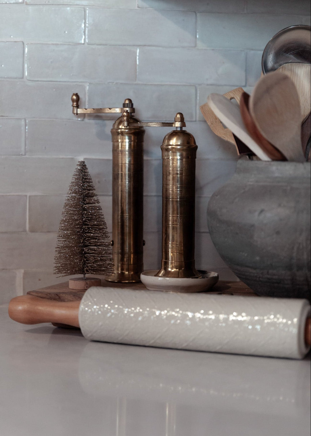 Bottle Brush Trees with Glitter & Wood Bases – Set of 3, Antique Silver Finish - Clementine Home Floral Gift