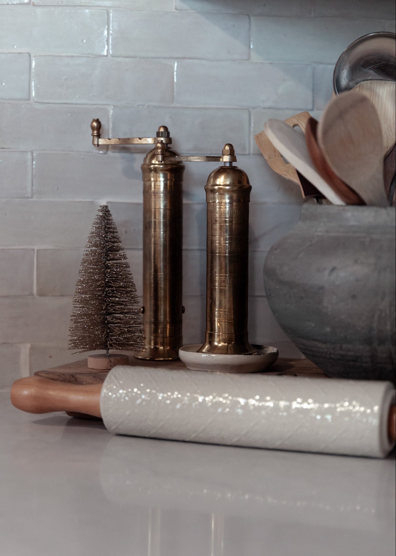 Bottle Brush Trees with Glitter & Wood Bases – Set of 3, Antique Silver Finish - Clementine Home Floral Gift