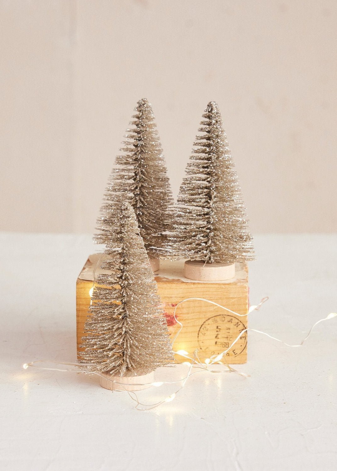 Bottle Brush Trees with Glitter & Wood Bases – Set of 3, Antique Silver Finish - Clementine Home Floral Gift