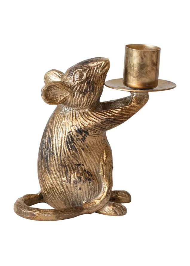 Cast Aluminum Mouse Taper Holder – Antique Gold Finish - Clementine Home Floral Gift