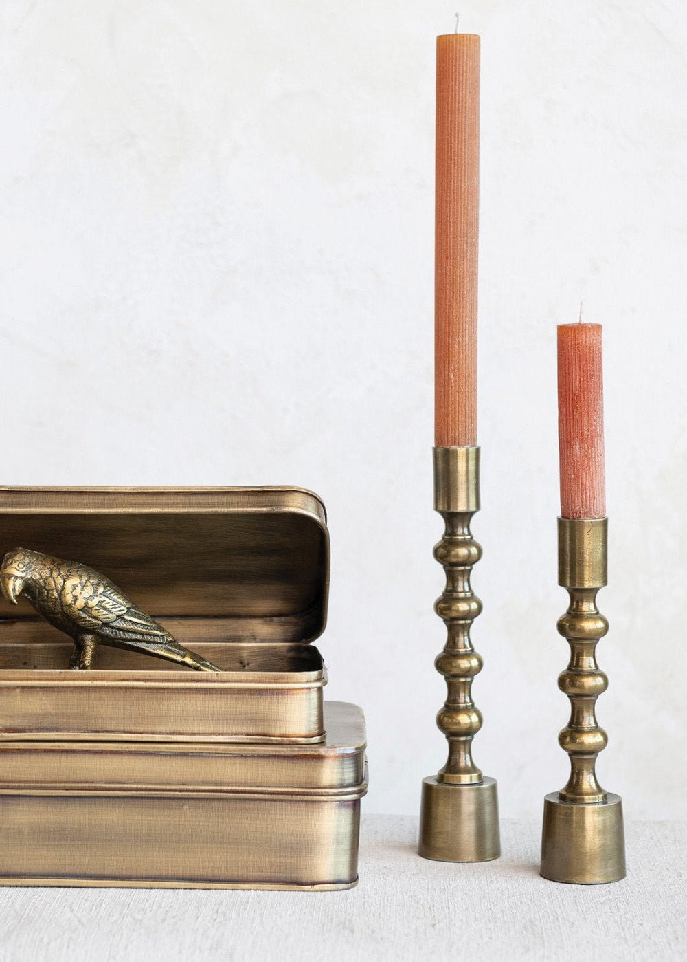 Cast Aluminum Taper Holders – Antique Gold, Set of 2 - Clementine Home Floral Gift