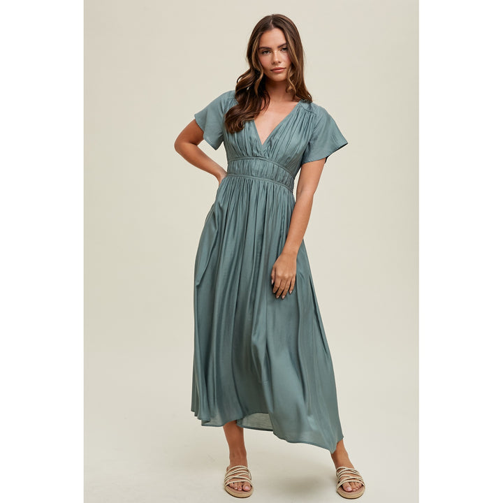 Satin Flutter Sleeve Midi Dress - Teal Green