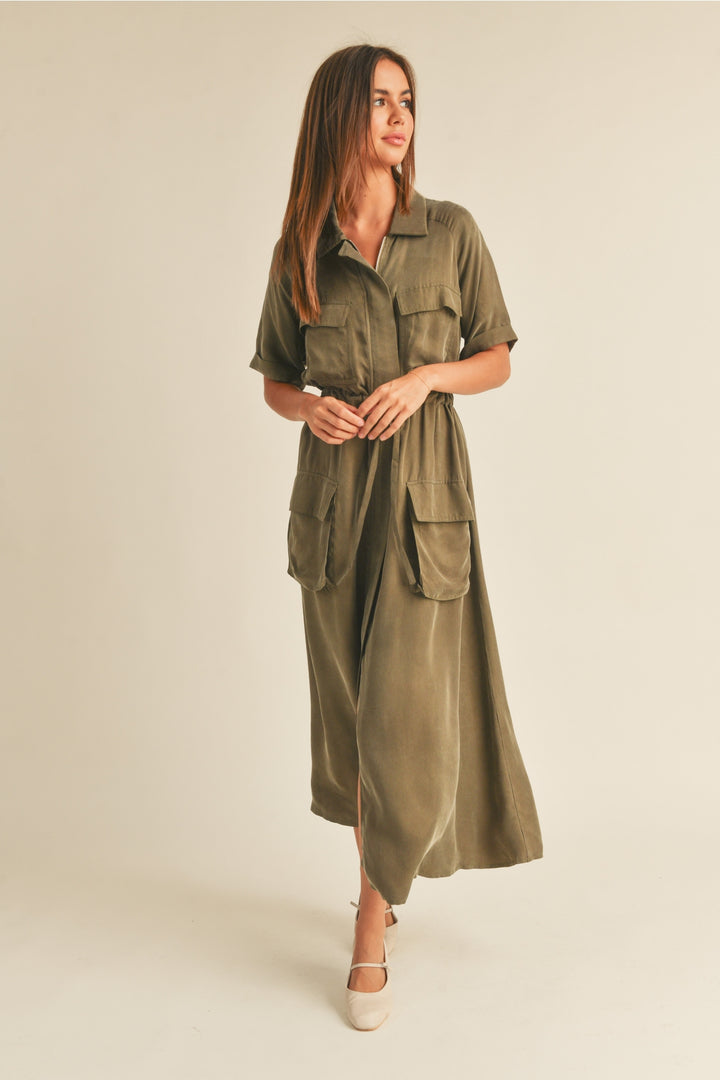 Short Sleeve Viscose with Front Pocket Long Sleeve Dress - Olive