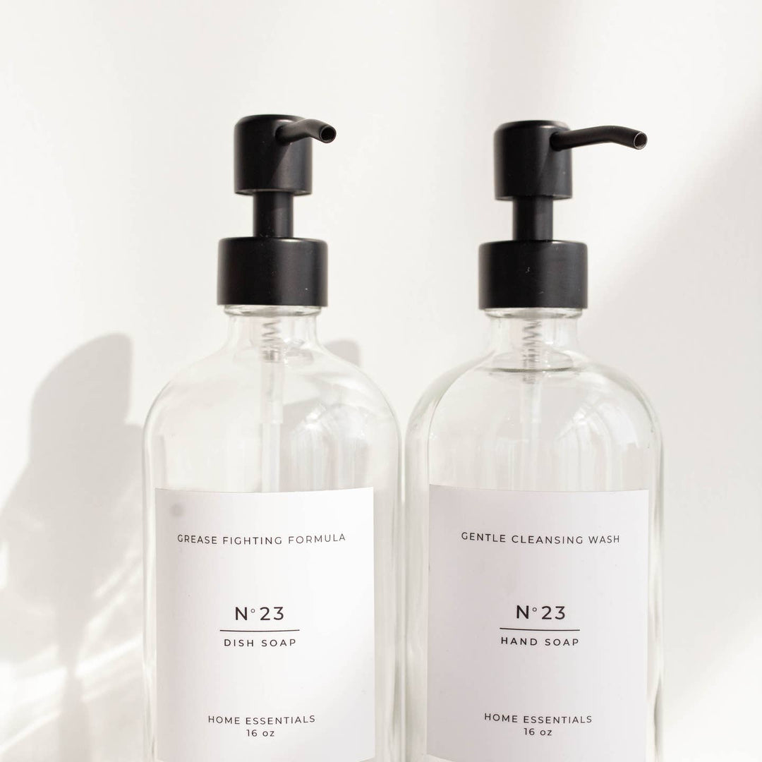 Clear Glass Soap Bottle with Label - Clementine Home Floral Gift