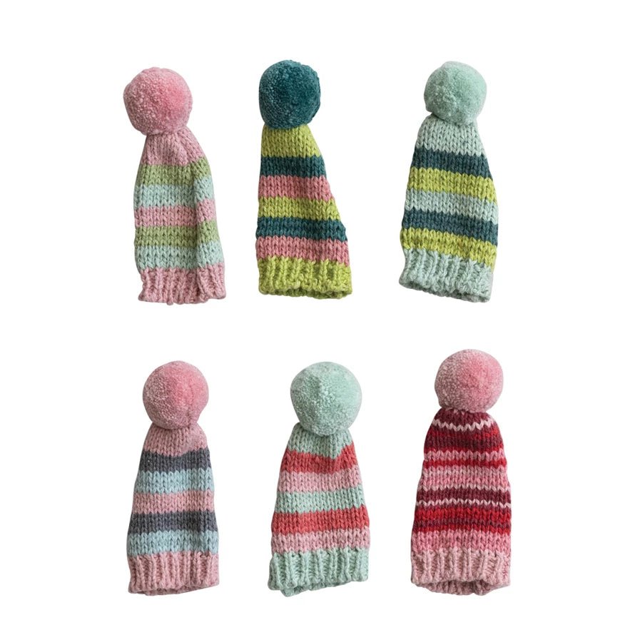 Cotton Knit Hat Bottle Topper with Stripes & Pom Pom - Clementine Home Floral Gift