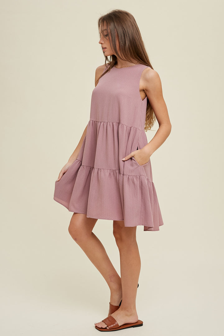 Crinkle Tiered Mini Dress - Dark Mauve