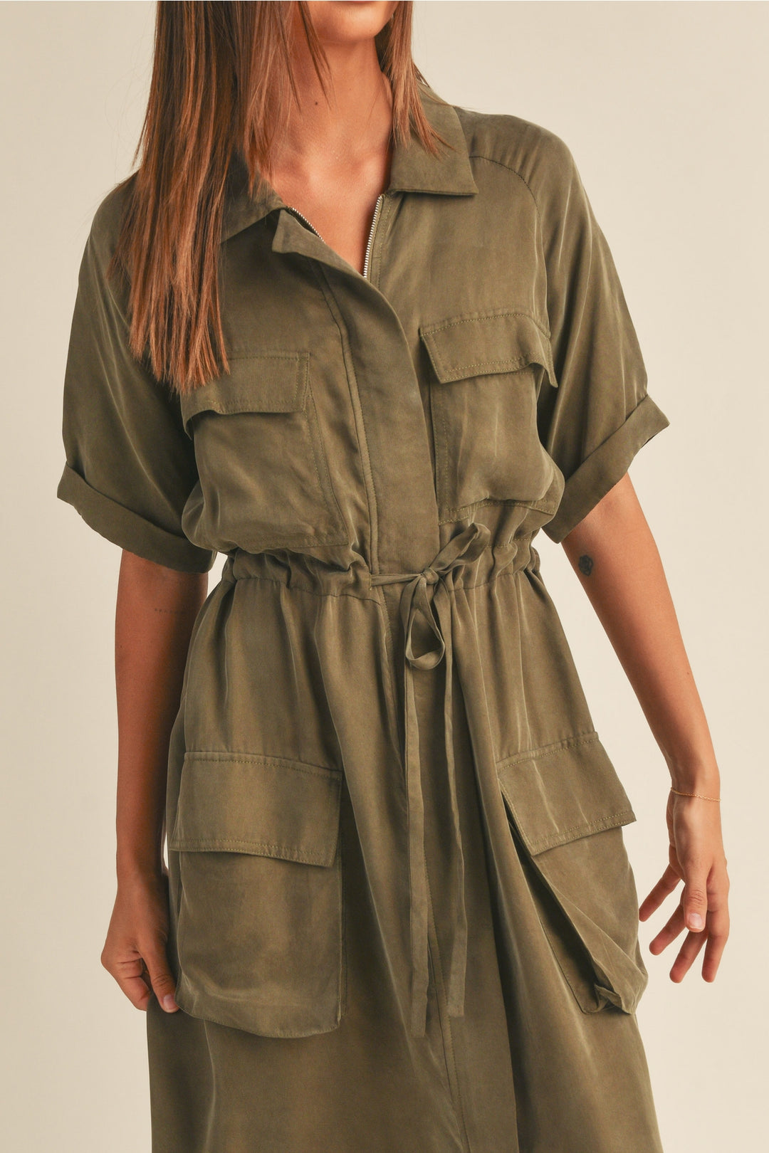 Short Sleeve Viscose with Front Pocket Long Sleeve Dress - Olive