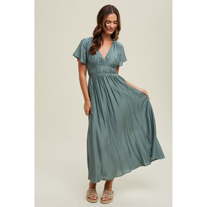 Satin Flutter Sleeve Midi Dress - Teal Green