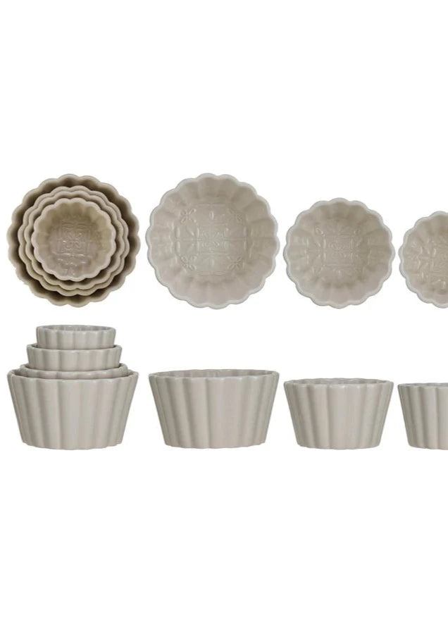 Embossed Stoneware Fluted Bowls, Set of 4 - Clementine Home Floral Gift